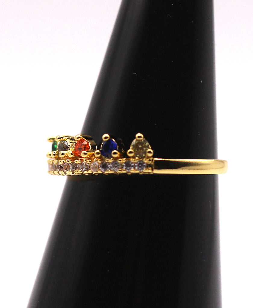 Women's Crown Gold plated Ring with multi-coloured zircon gemstones. Side view