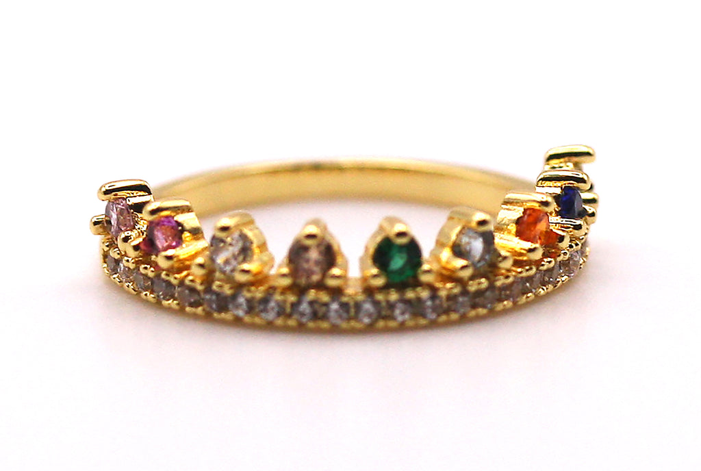 Women's Crown Gold plated Ring with multi-coloured zircon gemstones.