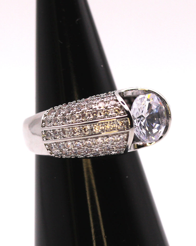 Women's Solitaire Silver/Rhodium plated Ring with Zircon Gemstones.  Side view