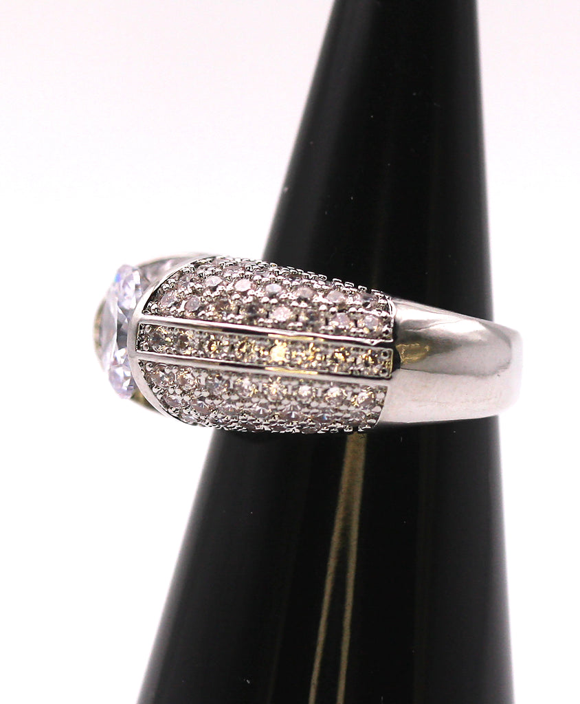 Women's Solitaire Silver/Rhodium plated Ring with Zircon Gemstones.  Side view