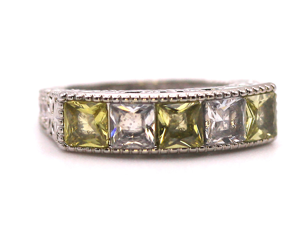 Women's Ring Silver/Rhodium Plated with Perido Green and Clear Zircon Gemstones 