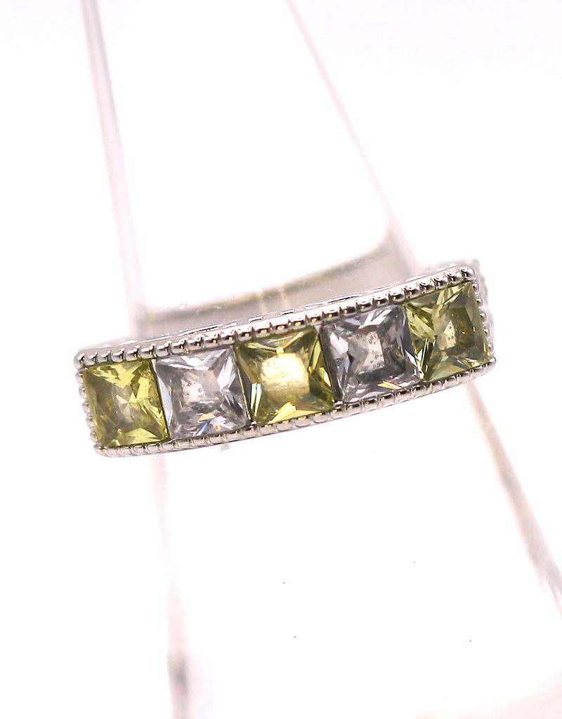 Women's Ring Silver/Rhodium Plated with Perido Green and Clear Zircon Gemstones . Face view