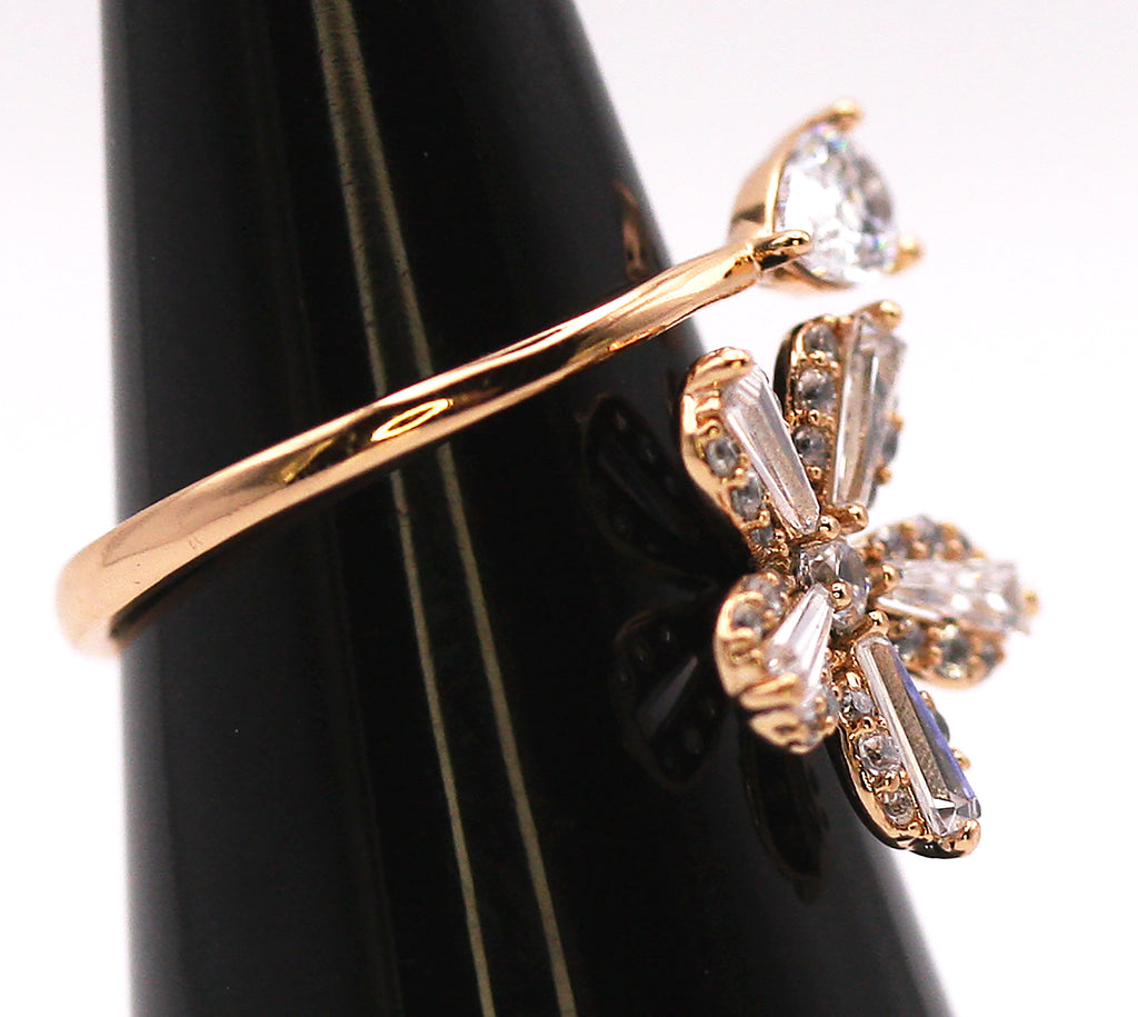 Women's Rose Gold Plated Ring Flower with Zircon Gemstones. Side view