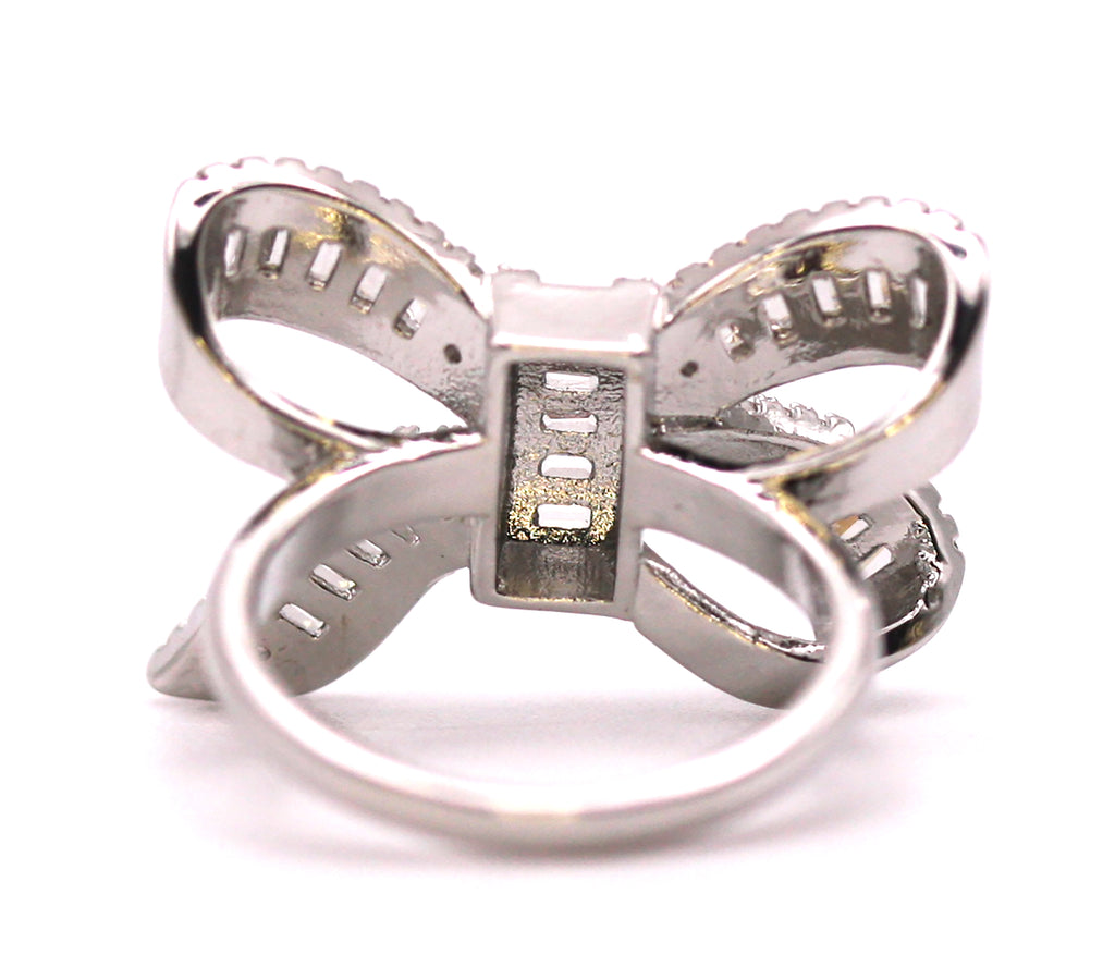 Women's Silver/Rhodium Plated Bow Ring with Clear Zircon Gemstones Back view