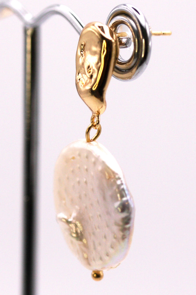 Women's Gold Plated Sterling Silver Earrings with freshwater dangling 20 mm disk pearl below a Nugget top post. Side view