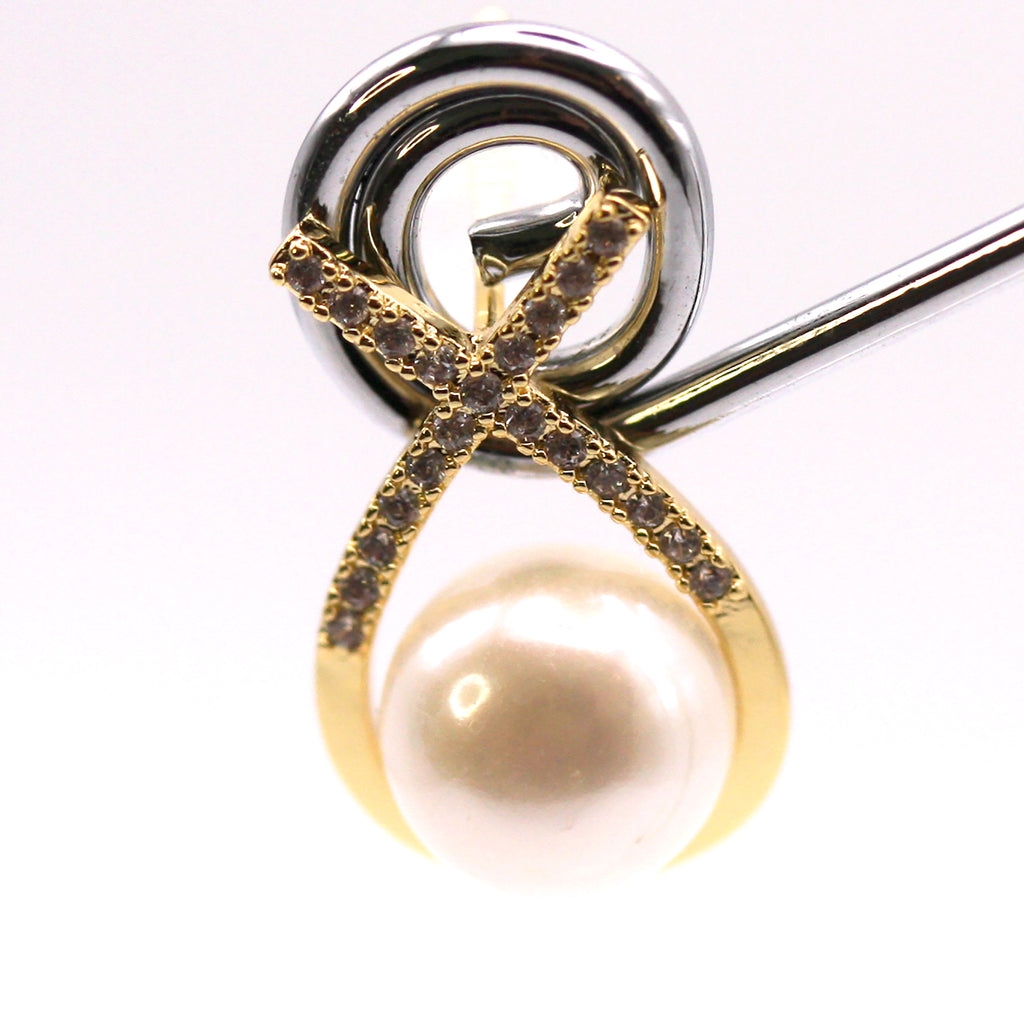 Women's Gold Plated Sterling Silver Earrings with freshwater Pearls. 8 mm white pearl in the centre of a ribbon pave set with clear zircon gemstones.
