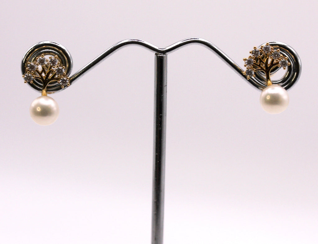 Women's Gold Plated Sterling Silver Earrings with freshwater Pearls. 6 mm white pearl on a dropped post decorated with the tree of life pave set with clear zircon gemstones.