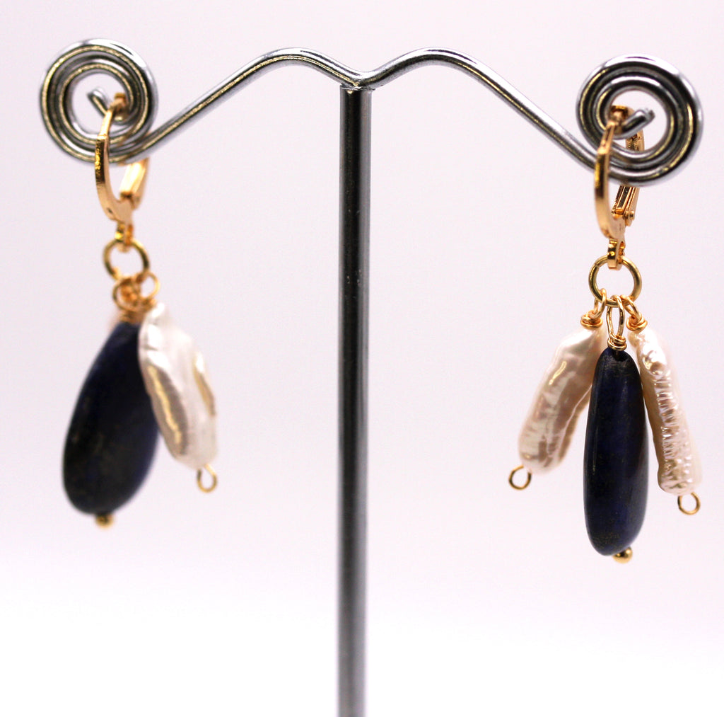 Rose Valade Collection Women's Freshwater Pearl and Lapis Lazuli gemstone Earrings. Two dangling Biwa pearls and one tear shaped Lapis Lazuli Gemstone.