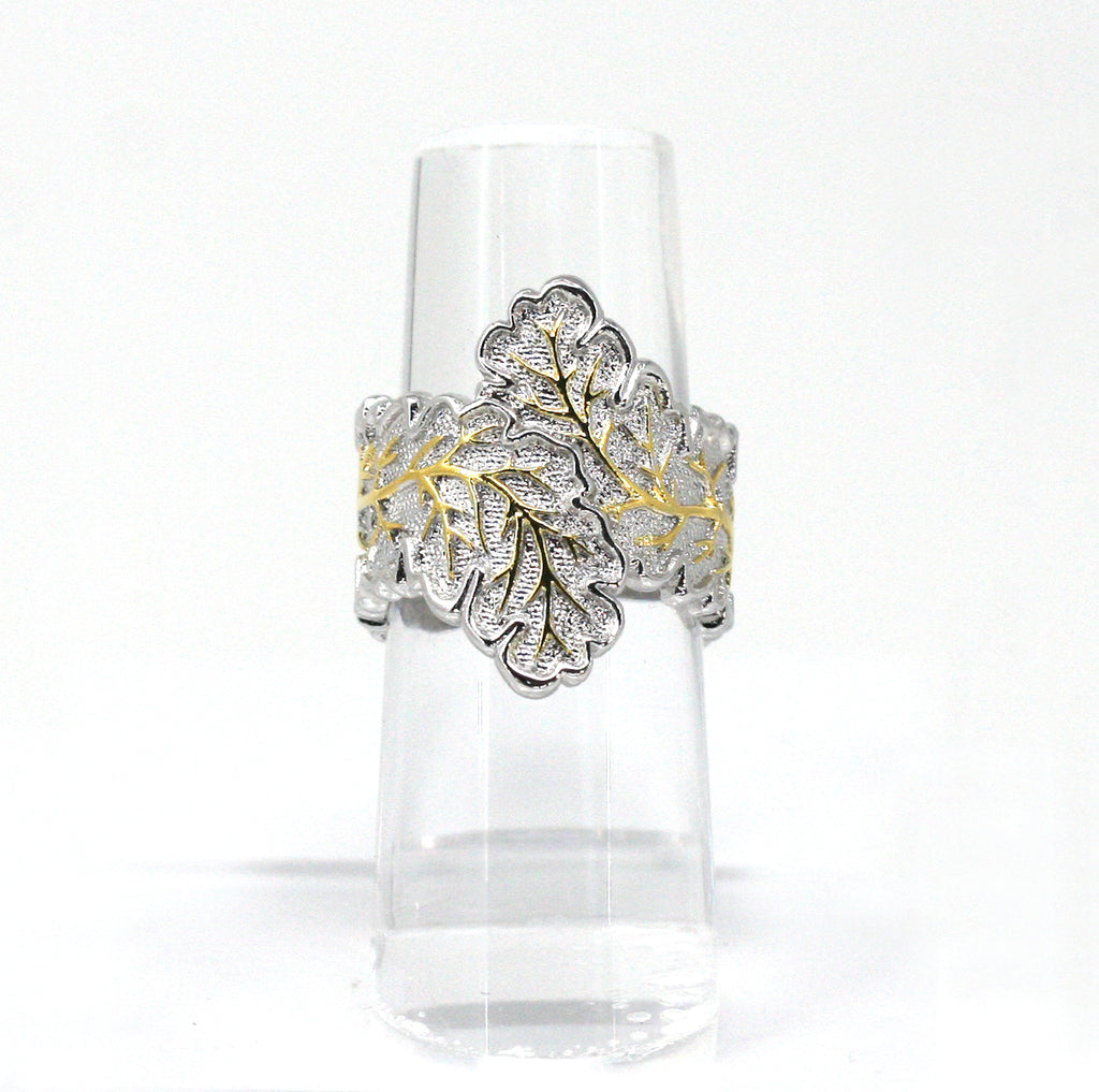 Silver/Rhodium plated women's ring. Leaf pattern with gold veins.
