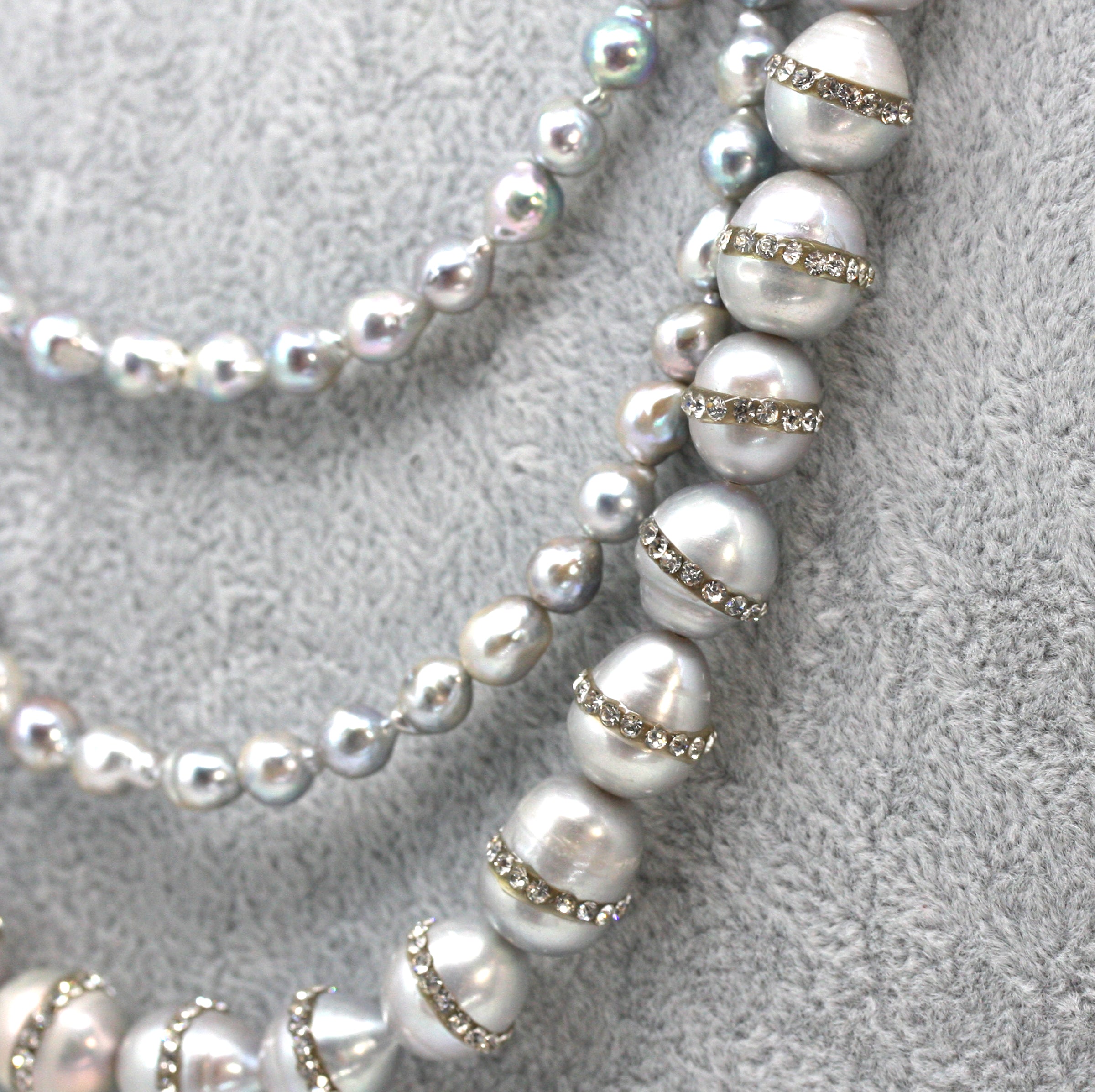 Grey Pearl Necklace Set With Earrings 3 Strands of Light Grey