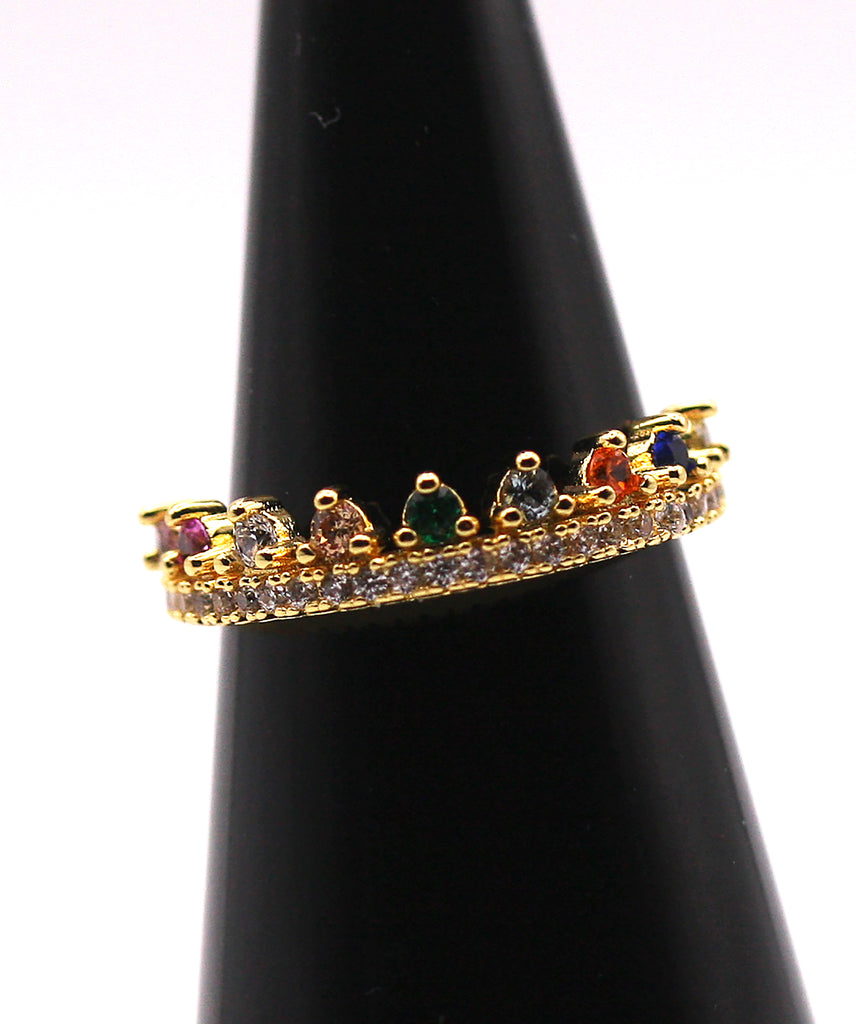 Women's Crown Gold plated Ring with multi-coloured zircon gemstones. M -80