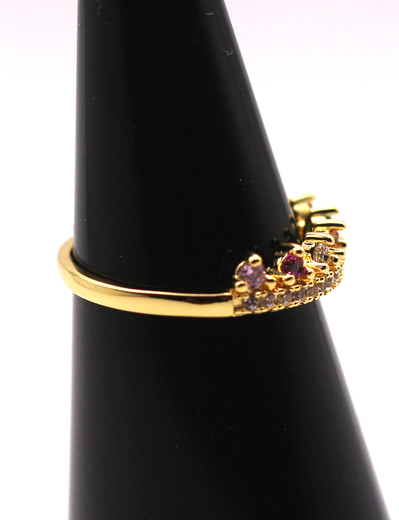 Women's Crown Gold plated Ring with multi-coloured zircon gemstones. Side View