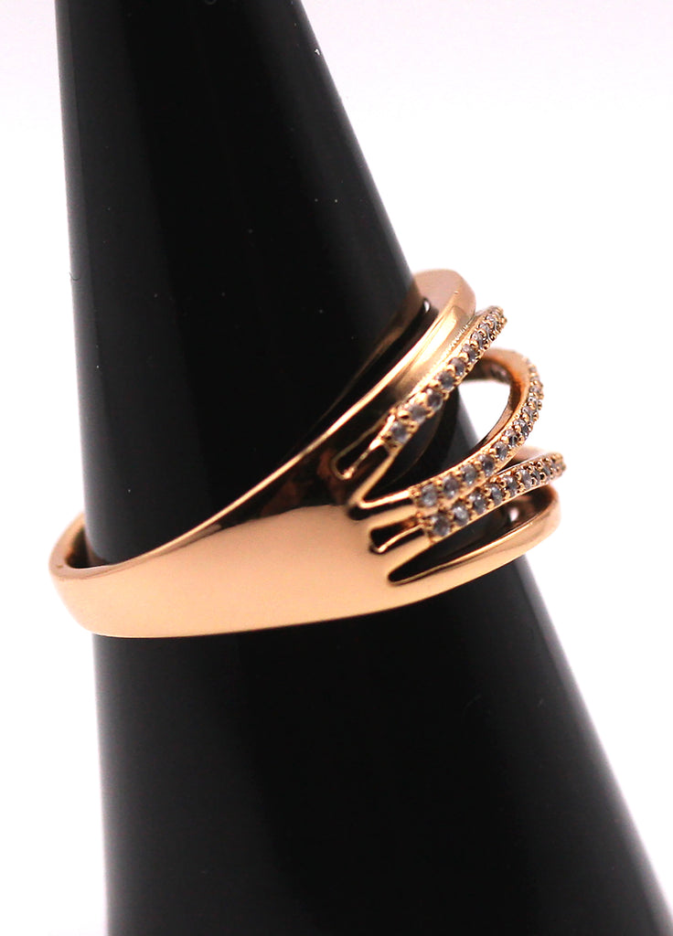 Women's Ring Rose Gold Plated. With clear zircon gemstones. Side view