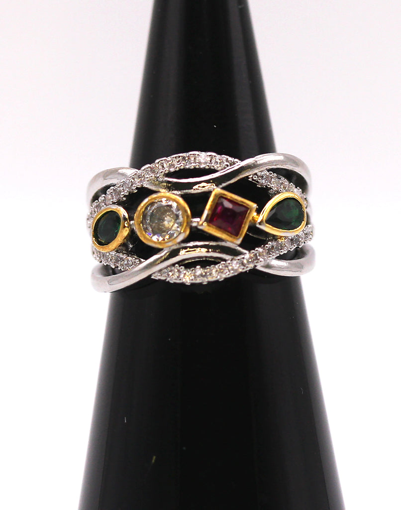 Women's ring with zircon gemstones multi-coloured stones on silver/rhodium plating