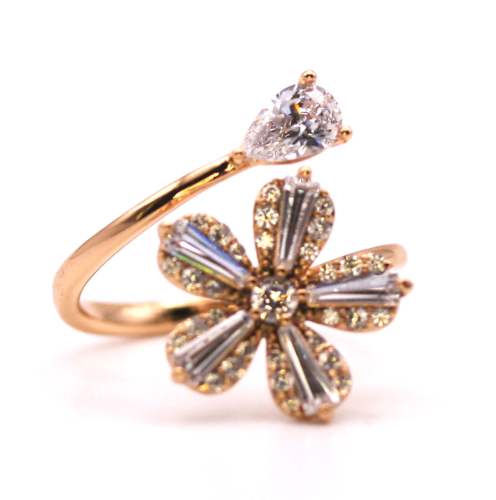 Women's Rose Gold Plated Ring Flower with Zircon Gemstones.