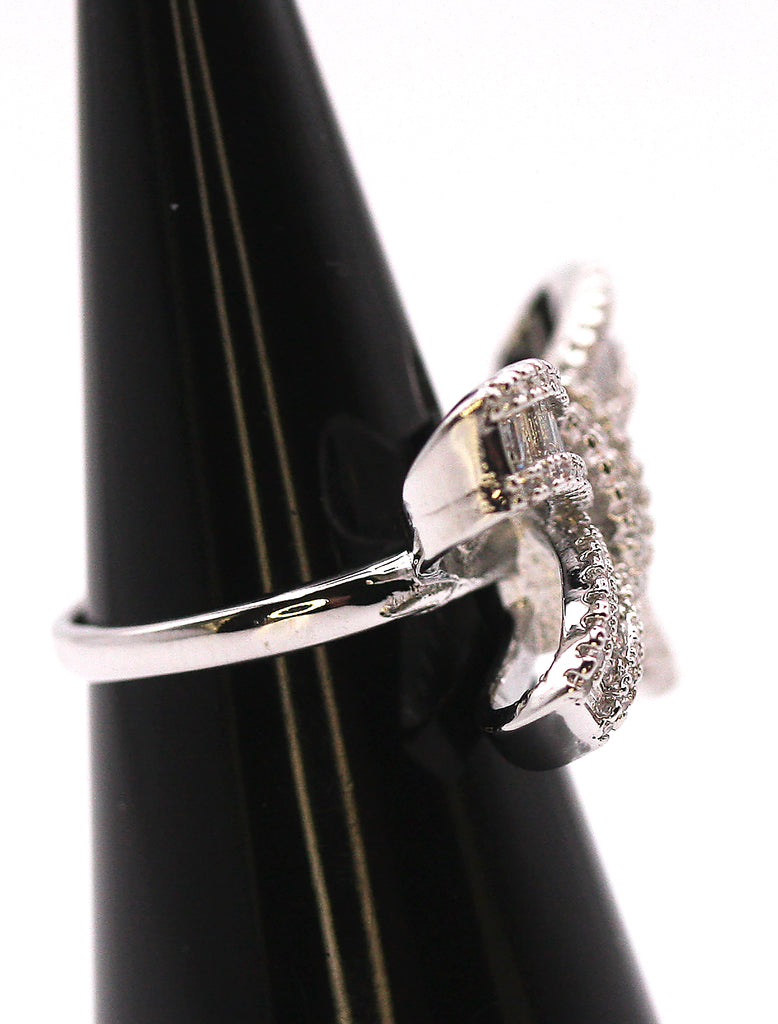 Women's Silver/Rhodium Plated Bow Ring with Clear Zircon Gemstones. Side view