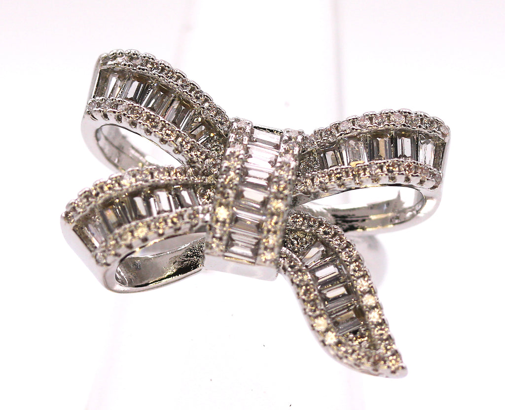 Women's Silver/Rhodium Plated Bow Ring with Clear Zircon Gemstones - C - 114
