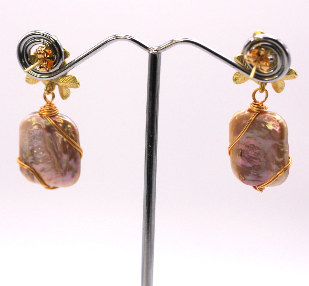 Women's Gold Plated Sterling Silver Earrings with Dangling Genuine Freshwater 20 X 15 mm rectangular baroque pearls. Post stud with three gold plated flowers in sterling silver. Back view