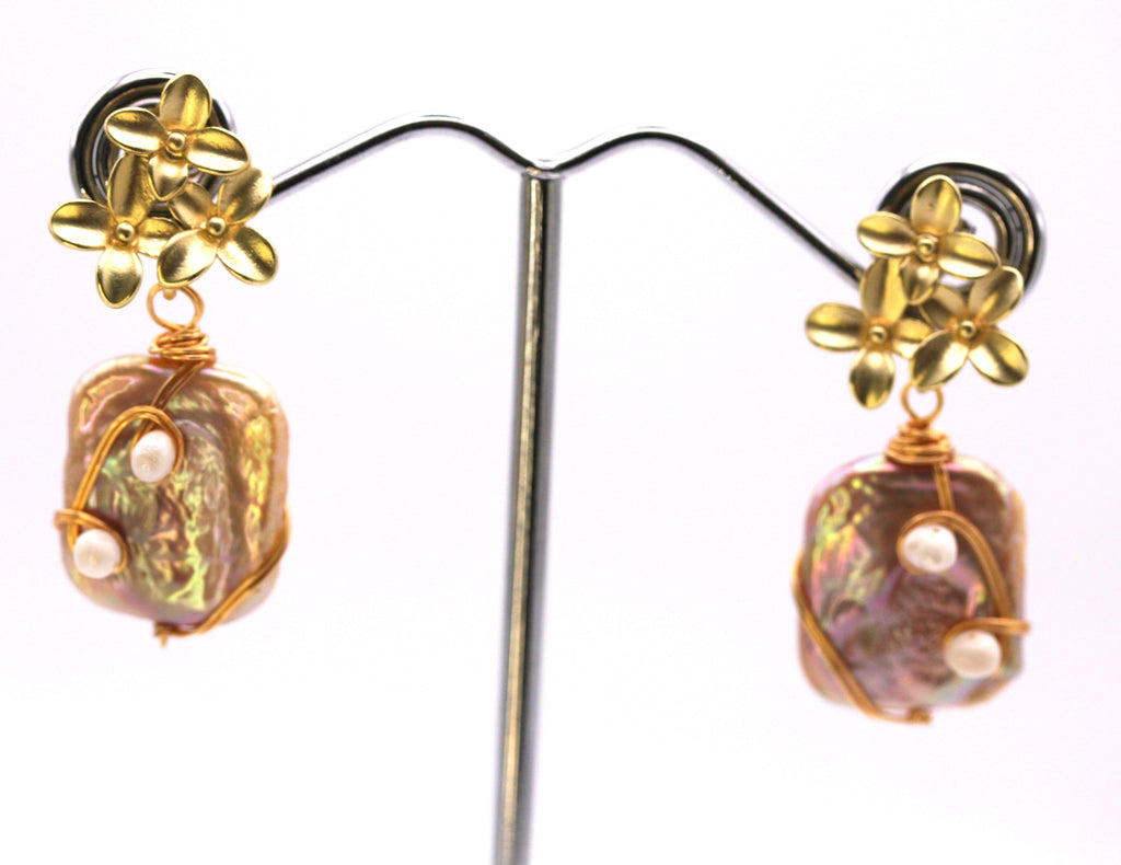 Women's Gold Plated Sterling Silver Earrings with Dangling Genuine Freshwater 20 X 15 mm rectangular baroque pearls. Post stud with three gold plated flowers in sterling silver. Front view