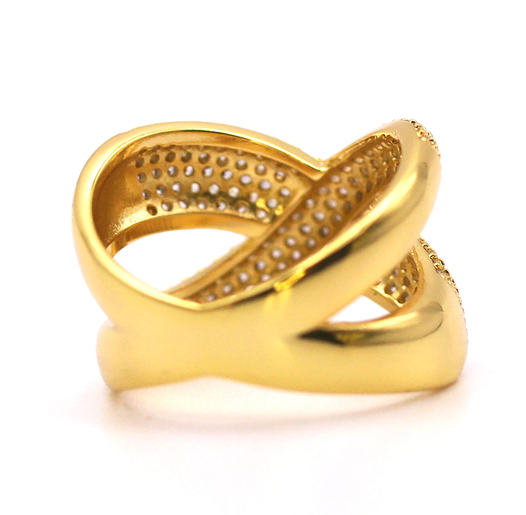 Women's ring in Gold or Silver/Rhodium plating. X pattern with zircon gemstone. back view