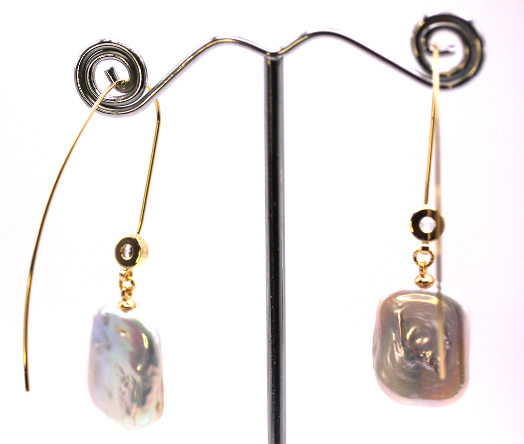 Women's Gold Plated Sterling Silver Earrings with Dangling 20 mm Rectangular freshwater Pearls. The white pearl hangs at the bottom of a thin Sheppard hook accented with a zircon gemstone. Rear view