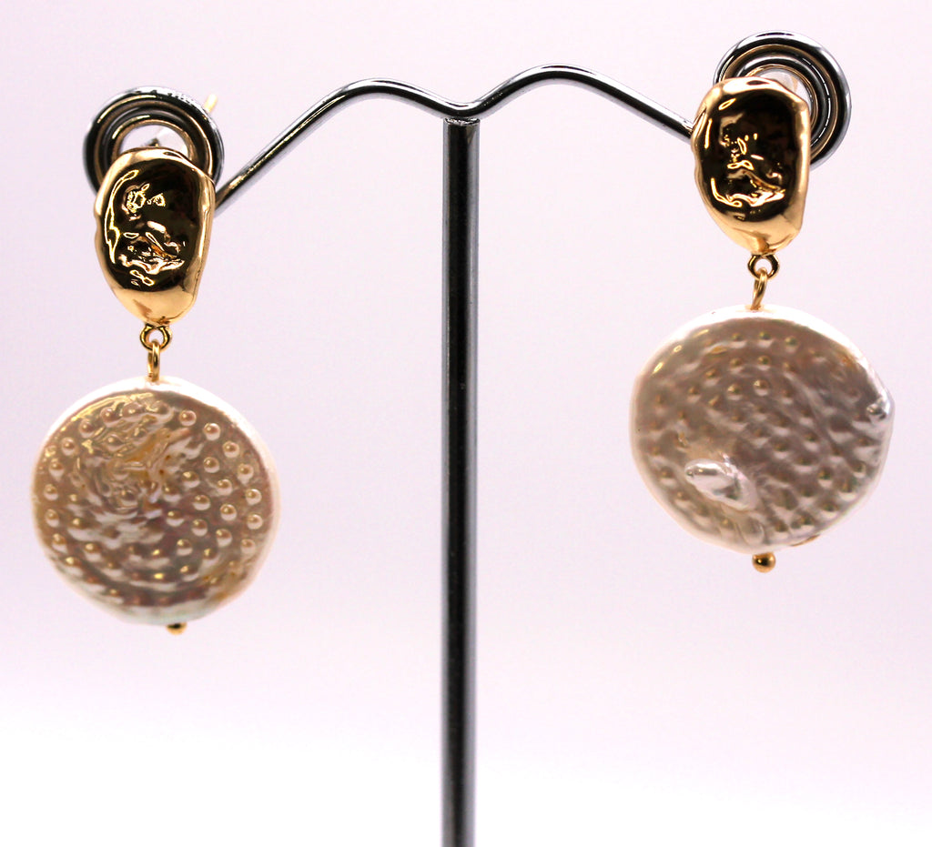 Women's Gold Plated Sterling Silver Earrings with freshwater dangling 20 mm disk pearl below a Nugget top post.