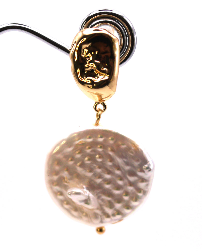 Women's Gold Plated Sterling Silver Earrings with freshwater dangling 20 mm disk pearl below a Nugget top post.