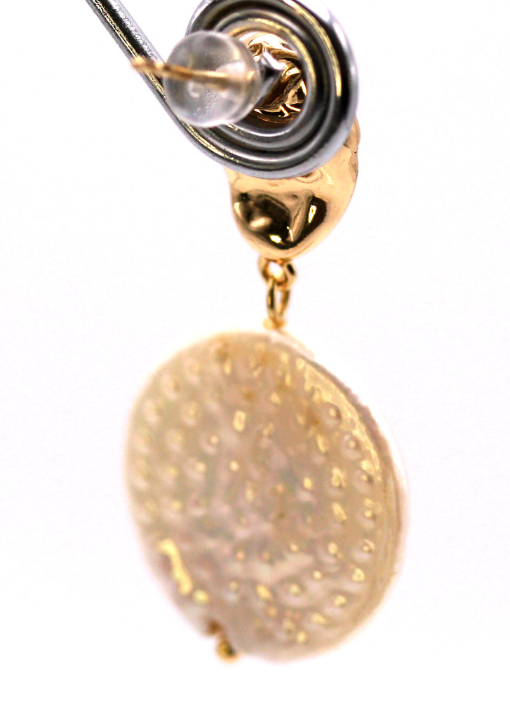 Women's Gold Plated Sterling Silver Earrings with freshwater dangling 20 mm disk pearl below a Nugget top post. Back view