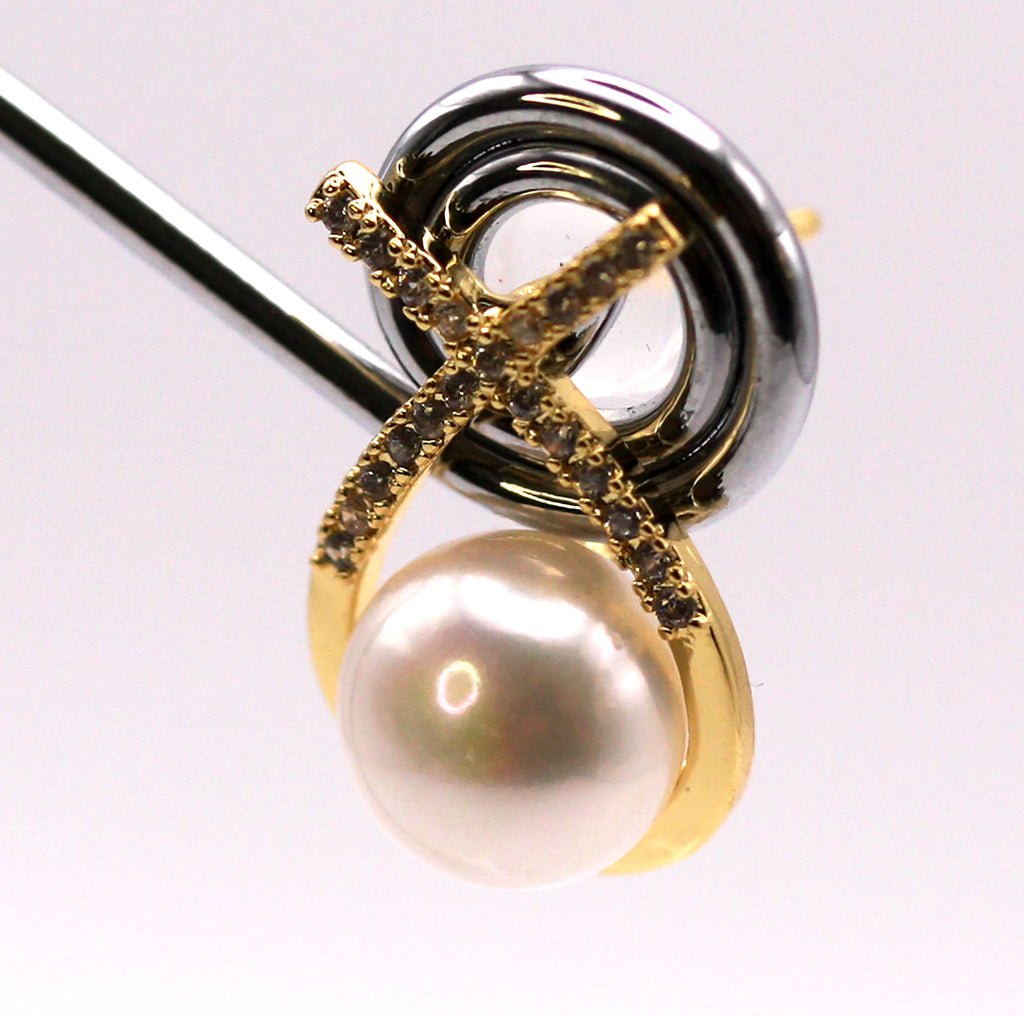 Women's Gold Plated Sterling Silver Earrings with freshwater Pearls. 8 mm white pearl in the centre of a ribbon pave set with clear zircon gemstones. Side view
