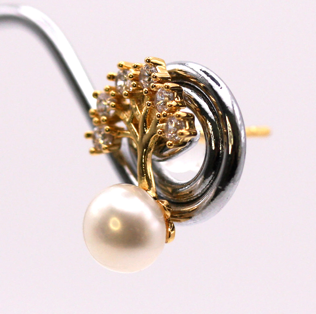 Women's Gold Plated Sterling Silver Earrings with freshwater Pearls. 6 mm white pearl on a dropped post decorated with the tree of life pave set with clear zircon gemstones. Side view
