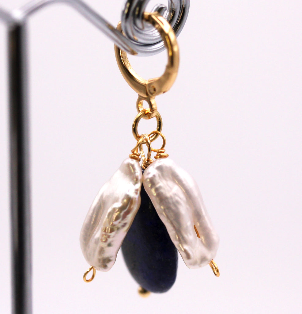 Rose Valade Collection Women's Freshwater Pearl and Lapis Lazuli gemstone Earrings. Two dangling Biwa pearls and one tear shaped Lapis Lazuli Gemstone.